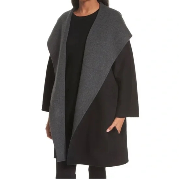 Vince Double Faced Hooded Wool Coat Open Front Longline Black Gray Medium M - Picture 1 of 11